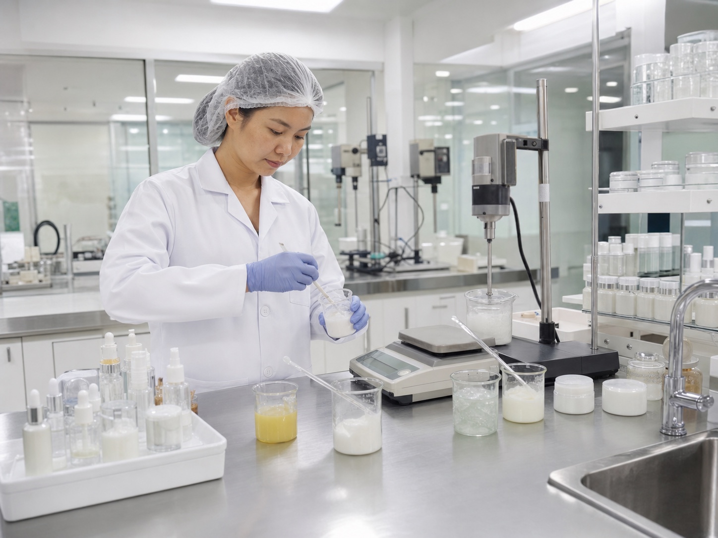 Cosmetic formulation scientist conducting R&D testing at HE Manufacturing lab
